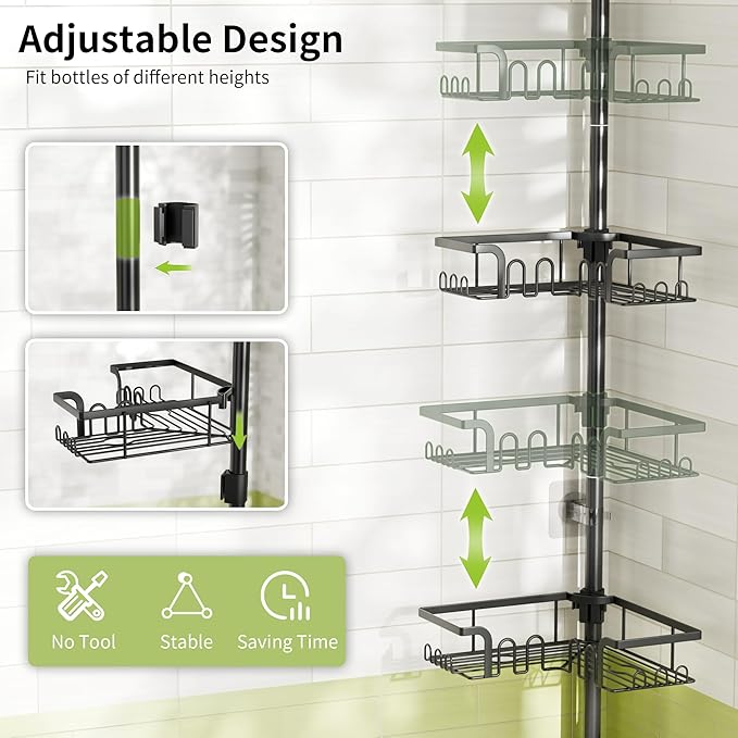 Corner Shower Caddy Tension Pole Adjustable 30.6-127.2 Inch, 4-Tier Rustproof Shower Organizer Shelf Rack, No-Drill Installation Bathroom Storage Shower Caddy Corner Pole, Black