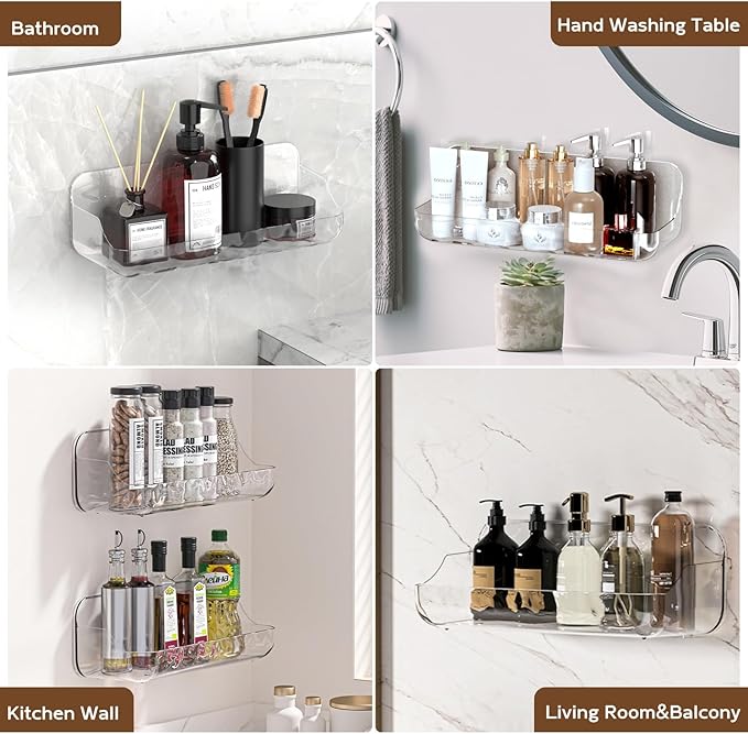 Acrylic Shower Shelves,Self Adhesive Bathroom Shelf No Drilling, Clear Shower Caddy with Adhesive Strips, Drain Holes, Wall Mounted Shower Organizer for Bathroom Storage, Large