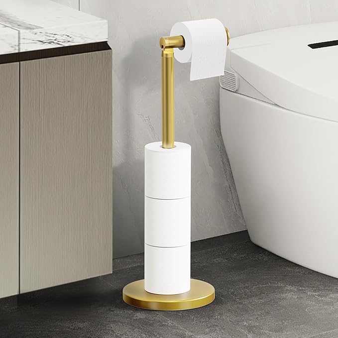 Cesun Extra Weighted Base Toilet Paper Holder Stand - SUS304 Rust Proof Free Standing Tissue Roll Holder for 4 Rolls, No Tipping, No Slipping, Gold