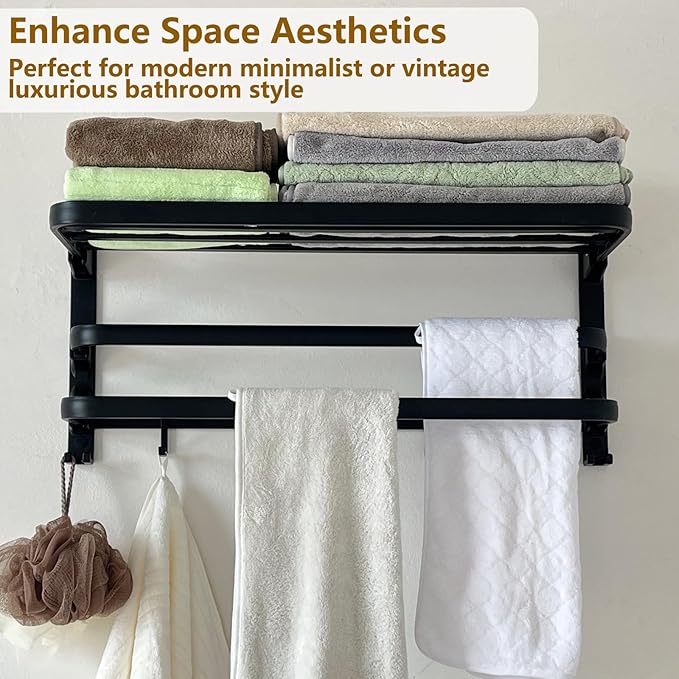 24in Towel Racks Shelf for Bathroom, Foldable Wall Mounted Towel Storage with 2 Towel Bar 9 Hook, Modern Rustproof Towel Holder with Shelves, Towel Hanger for Hotel Dorm Restroom RV Gym, Black