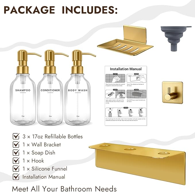 KOUCHU Shampoo and Conditioner Dispenser Set - Wall Mounted Shower Soap Dispenser - 17oz No-Drill Refillable Plastic Pump Bottles for Bathroom Kitchen - Includes Soap Dish and Hook (Transparent)
