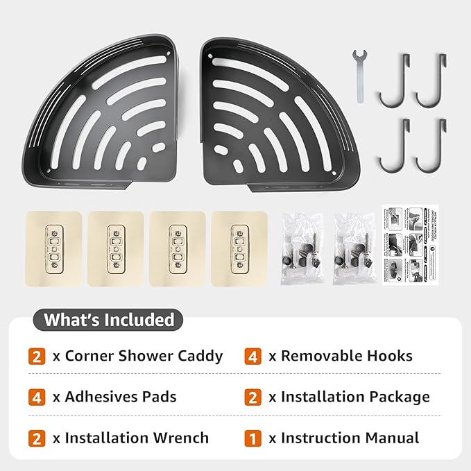 Adhesive Corner Shower Caddy, Bathroom Shower Organizer with Hooks, No Drilling 2-Tier Bathroom Corner Shelves, Bathroom Organiser for Bathrooms Storage (Aluminum, 2-Pack, Gunmetal Grey)