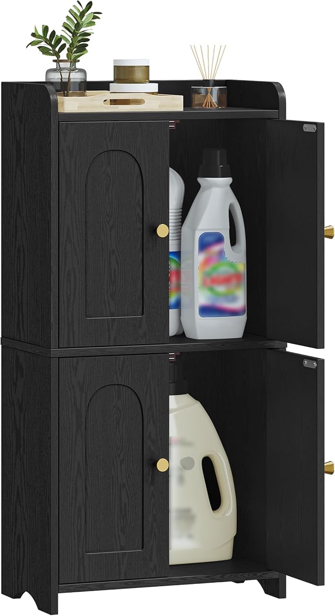 HEXCELEN Small Storage Cabinet, Bathroom Storage Cabinet with 4 Doors, Floor Bathroom Organizer Freestanding for Small Spaces, Living Room, Kitchen, Entryway (Mediterranean, Black)
