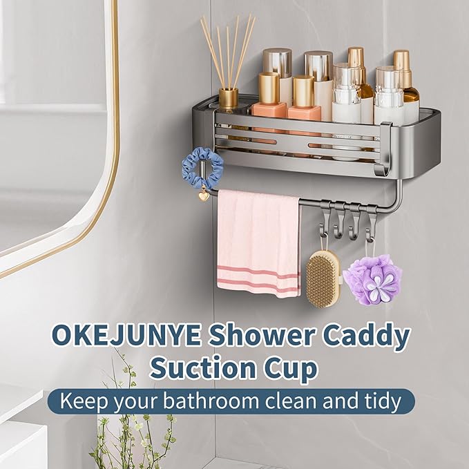 Shower Caddy Suction Cup, No Drilling Removable Shower Shelf with Towel Bar & Portable Hooks, Aluminum Rustproof Bath Corner Shower Rack Organizer for Bathroom Storage (Gray)