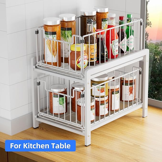 2 Tier Sliding Basket Drawer Organizer, Lxmons Pull Out Under Sink Cabinets Organizers, Metal Home Shelf for Bathroom or Kitchen, Sliding Countertop or Pantry Storage Shelf, Large White