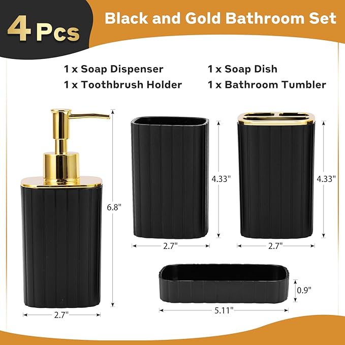 4-Piece Bathroom Accessories Set, Black and Gold Bathroom Set Includes Soap Dispensers, Toothbrush Holder, Soap Dish and Cup, Black Gold Bathroom Decor for Modern Homes
