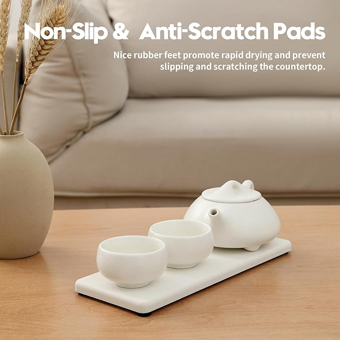 2PCS 10"x 5" Large Bathroom Sink Vanity Trays, Water Absorbing Diatomite Stone Quick Drying Mat for Kitchen Counter, Dish Rack Dispensers Sponge Holder Caddy Organizer, White, 10"x 5"