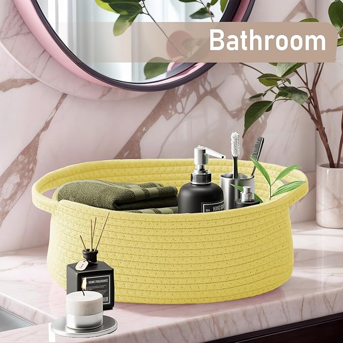 JMvicyroam Woven Basket,Small Rope Storage Bin with Handles & Ribbon Bag, Organizer for Shelves Closets,Gift Basket Empty for Birthday,Books,Dog Toys, Yellow