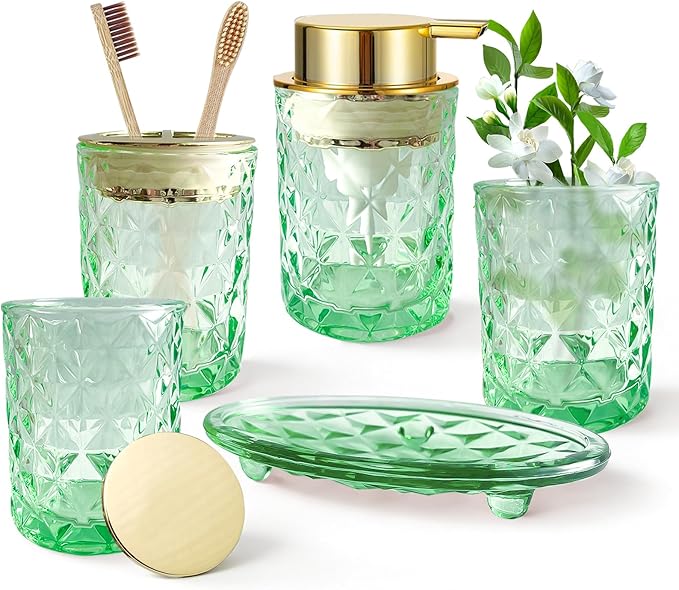 5PCS Bathroom Accessory Set,Green Bathroom Countertop Organizer Set with Soap Dispenser, Toothbrush Holder, Tumbler, Q-tip Holder & Soap Dish,Elegant Functional Glass Set, Gift for Home & Apartment