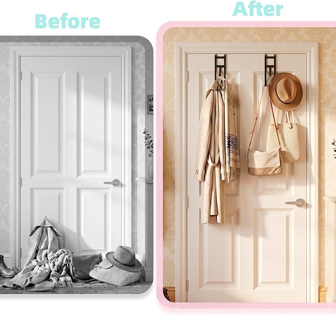 Over The Door Hooks - 2 Pack Heavy Duty Triple-Hook Organizer Hanger with Rubber for Towels, Clothes, Hats & Bags Use in Bathroom, Bedroom, Kitchen - Fits Interior Doors (Black, Shape A)