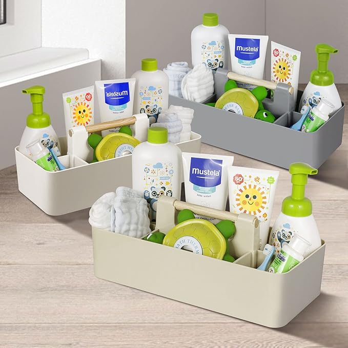 Baby Shower Caddy Plastic Nursery Portable Storage Organizer Caddy Tote for Child/Kids, Divided Basket Bin with Wood Handle for Bathroom, Dorm Room, Holds Hand Soap, Bottles, Spoons (Beige)