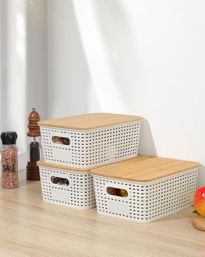 EOENVIVS Plastic Storage Baskets with Bamboo Lids for Pantry Organization and Storage Containers Bins for Shelves Drawers Desktop Closet Playroom Classroom Office Home, 6 Pack,White