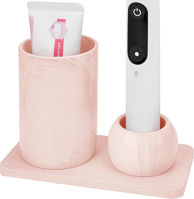 Ceramic Toothbrush Holder & Toothbrush Cup with Diatomite Tray for Bathroom, Bathroom Tumbler Cups Reusable Toothbrush Mouthwash Cup, Shower Counter Storage Organizer (Pink)