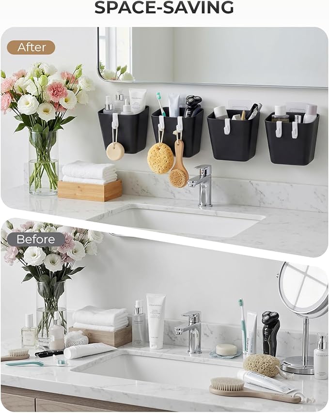 4 Pack Rolling Cart Accessories, Black Craft Cart Cup Holder and 6 Hooks for Utility Carts, Adhesive Kitchen Cabinet Door Storage, Space-Saving Wall Mount Organizer for Bathroom, Office, Makeup
