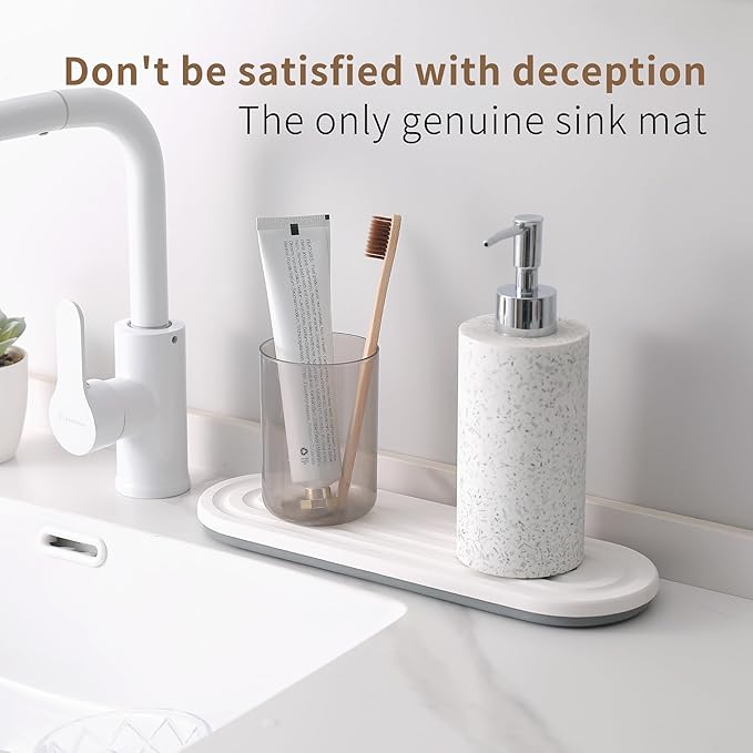 JUKER Premium Diatomaceous Earth Tray Coasters 12" x 4", Quick Dry Absorbent Stone Mat with Non-Slip Silicone Base, Bathroom Sink Caddy, Kitchen Soap Holder, Vanity Organizer, Dark Gray
