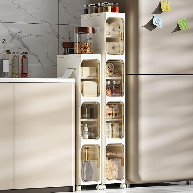 Slim Bathroom Storage Cabinet, Foldable & Movable Narrow Storage Organizer for Small Spaces, Bathroom, Kitchen, Laundry Room, Living Room (4-Tier)