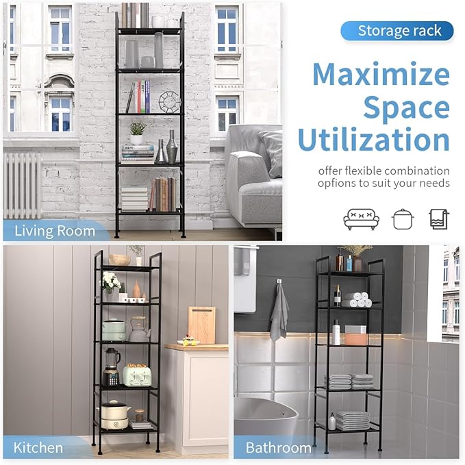 SUNLPH 5-Tier Wire Shelving Metal Rack Shelves, Standing Storage Shelf Units Flat for Laundry Bathroom Kitchen Pantry Closet Organization (Black, 16.9" L x 12.2" W x 53.4" H)