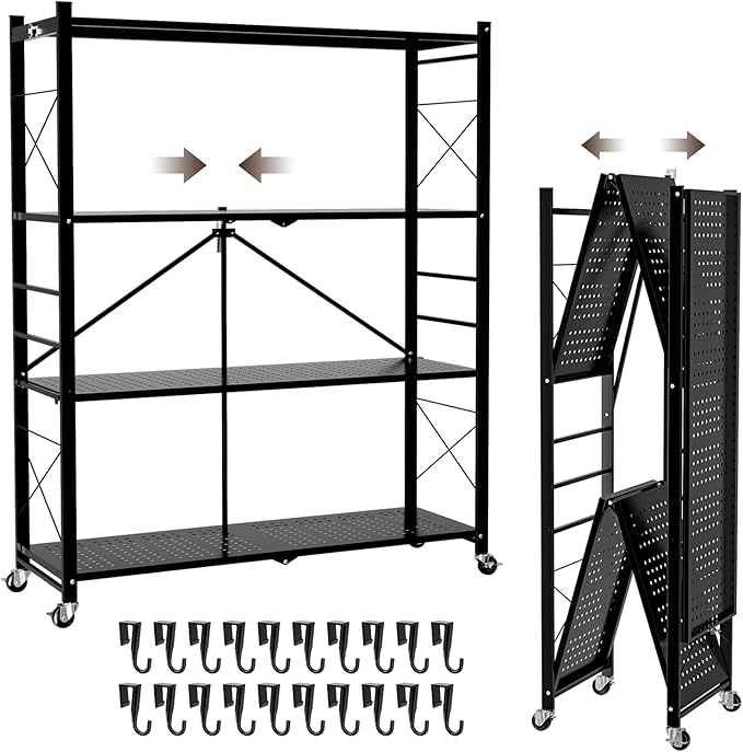 39.4" Wide 4-Tier Foldable Storage Shelves with 4 Wheels & 20 Hooks, Heavy Duty Metal Folding Shelf Unit, No Assembly, Adjustable 3rd Shelf for Kitchen, Garage, Pantry, Bookshelf, Black