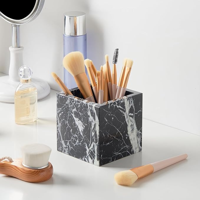 Real Luxurious Natural Marble Toothbrush Holder & Makeup Brush Organizer & Pen Holder for Desk,3.93inch Square Marble Utensil Holder Non-Ceramic/Non-Resin (Black)