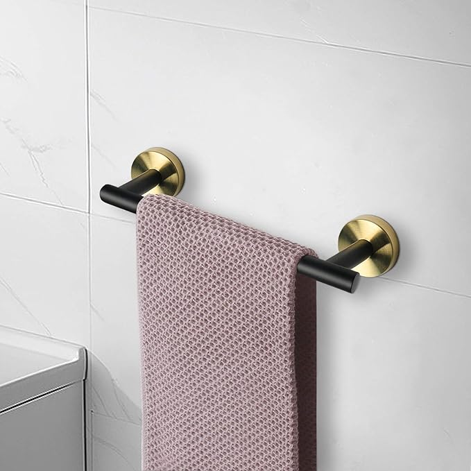 NearMoon Bath Towel Bar, Thicken Stainless Steel Shower Towel Rack Holder Wall Mounted for Bathroom, 9-lnch Overall Length-7-lnch Usable Hanging Space (1 Pack, Matte Black & Gold)