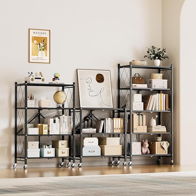 HealSmart Heavy Duty 5-Tier Foldable Metal Rack, 27.95" D x 14.96" W x 63.78" H Storage Shelving Unit 1250 lbs with Wheels Moving Organizer Shelves for Garage Kitchen, Black, 2 Pack