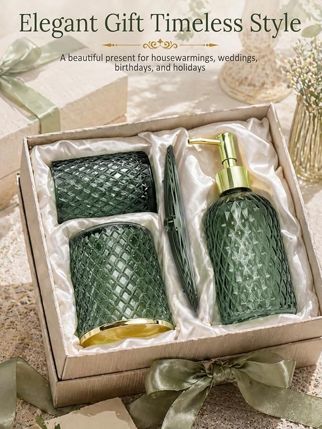 Bathroom Accessories Set, 4Pcs Sage Green Glass Bathroom Accessory Set Complete w/Lotion Soap Dispenser, Toothbrush Holder, Qtip Holder, Soap Dish, Gold Bathroom Decor Sets, Gift for Home Apartment