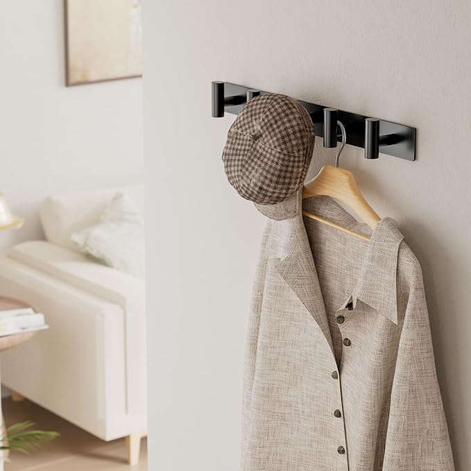 GWAAZXGZ Black Wall Mounted Coat Rack – 5 T-Shaped Pegs for Hats, Bags & Towels, Heavy-Duty Metal Rail for Entryway, Bathroom, Closet, Bedroom (1 Pack)