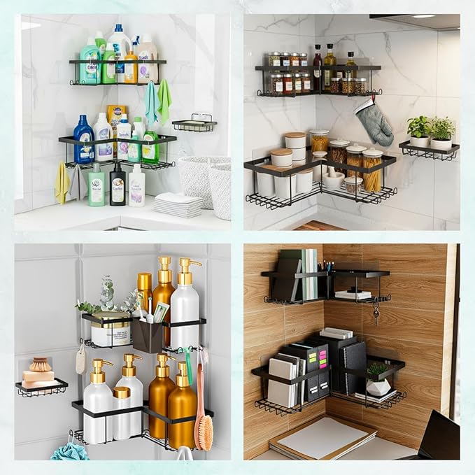 Sben Corner Adhesive Shower Caddy, Toothbrush Holder, Soap Holder and 12 Hooks, 4 Pack, Rustproof Material, Bathroom Organizer, No Drilling Rack (Black)
