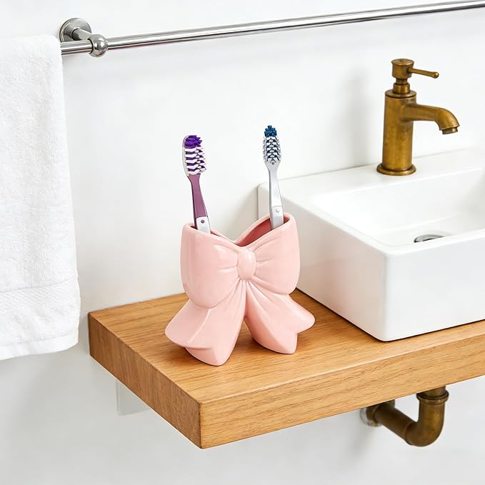 Cute Toothbrush Holder, Ceramic Bow Toothbrush Holder, with Drain Hole Bathroom Countertop Accessories, for Bathroom Canister Storage Organization, Vanity Makeup Organizer (Pink)