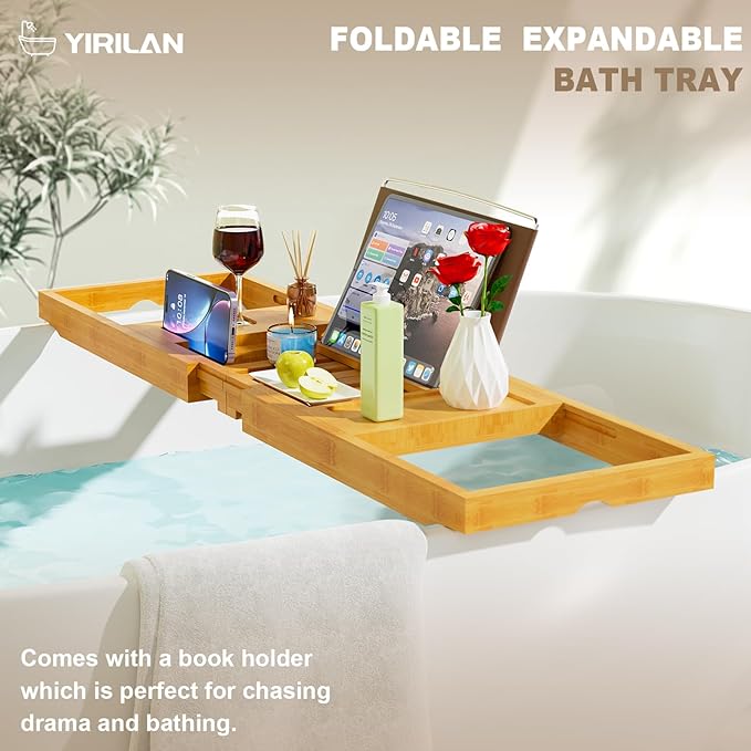 Bathtub Trays for Tub,Bath Tray, Foldable Bathtub Caddy,Bamboo