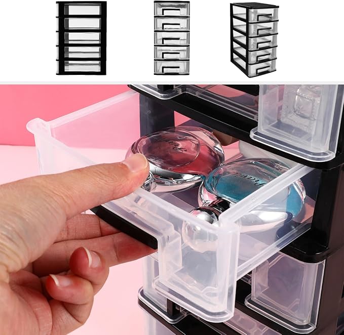 Angoily 5-Tier Plastic Drawer Storage Cabinet Portable Desktop Organizer for Office Study Cosmetics Sundries Holder 12.40X8.66X5.98In