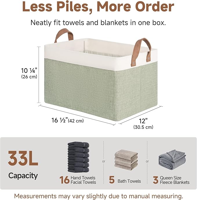 StorageWorks Storage Bins, Fabric Storage Bins for Shelves, Large Storage Baskets with Metal Frame, Closet Baskets and Bins with Handles, Green and White, 2-Pack