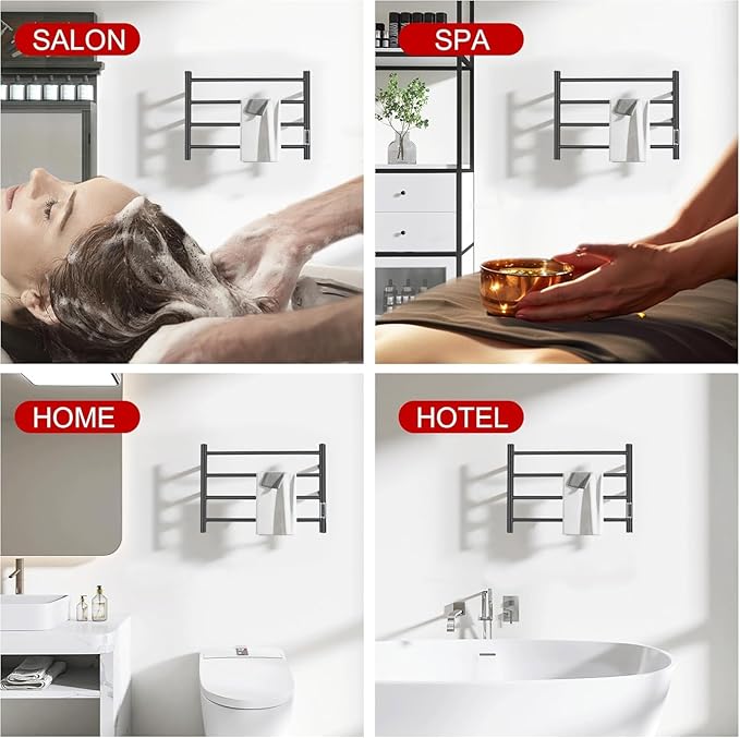 Heated Towel Racks for Bathroom, Wall Mounted Electric Towel Warmer Racks with Timer & Temperature Control, 4 Bar Stainless Steel Towel Heater for Bathroom,Plug-in,Black