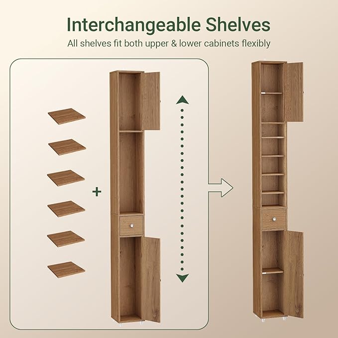 Haotian Bathroom Narrow Storage Cabinet Skinny Tall Unit with Adjustable Shelves Slender Anti-Tipping Floor Standing Cupboard, Natural BZR34-PF