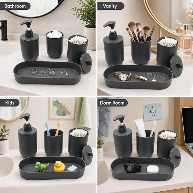4-Piece Dark Gray Bathroom Accessory Set, Plastic Home Organizer with Lotion Soap Dispenser, Tumbler, Cotton Swab Cup & Vanity Tray – Modern Home Decor for Any Bathroom