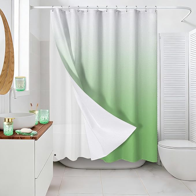 Green Bathroom Accessories Set with Shower Curtain and Liner, 7-Piece Bathroom Decor Set, Soap Dispenser, Toothbrush Holder, Soap Dish, Vanity Tray, Complete Bathroom Makeover Set