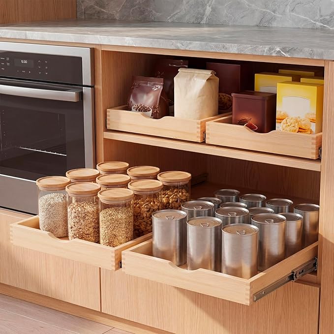 Menkxi 2 Set Wooden Pull out Cabinet Organizer Fully Assembled Slide out Pantry Drawer with Gentle Close Storage Shelf Tray for Base Kitchen Under Sink Bathroom Accessory(Wood Color,12'' X 21'' X 3")