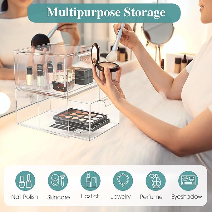 SpaceHacks 6 Pack Stackable Makeup Organizer and Storage, Acrylic Organizers,Clear Plastic Storage Drawer with Pull-Out Handles for Vanity, Undersink, Kitchen Cabinets, Pantry