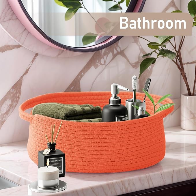 JMvicyroam Woven Basket,Small Rope Storage Bin with Handles & Ribbon Bag, Organizer for Shelves Closets,Gift Basket Empty for Birthday,Books,Dog Toys, Orange/2 Pack