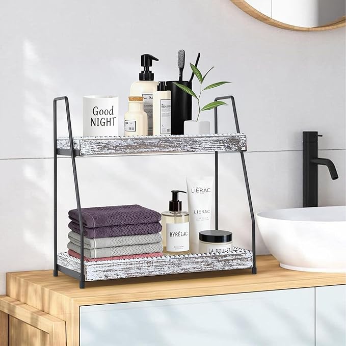 Gurfuy Bathroom Vanity Organizer 2-Tier Wood Countertop Storage Counter Shelf for Makeup Skincare Perfume Jewelry Tray Spice Rack White