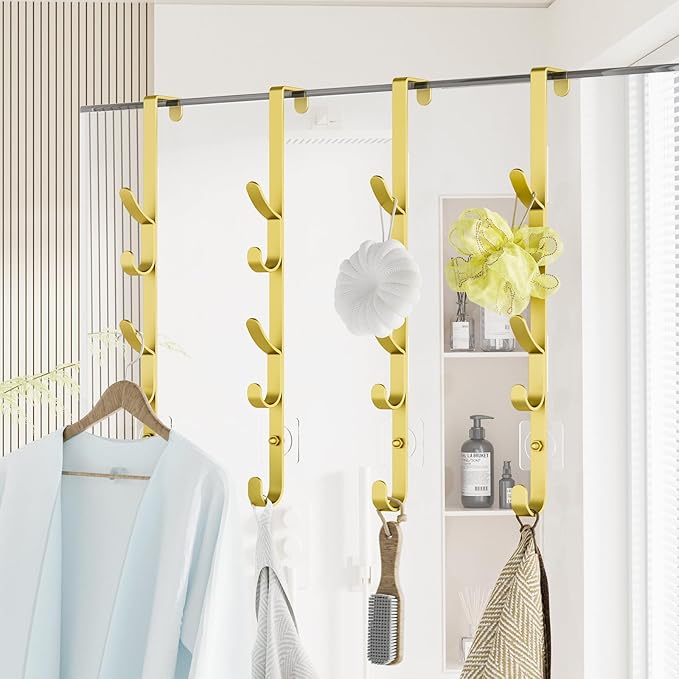 Kaiferty Over The Door Hooks, Metal Door Hooks for Hanging, Over The Door Purse Organizer for Door Coat Hanger, Back of Shower for Hanging Towel Rack Clothes, Hat, Bathroom, Closet (Gold-4Packs)