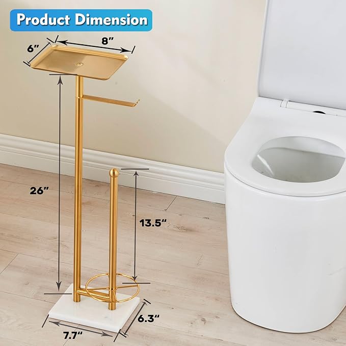 Gold Toilet Paper Holder with Shelf, Free Standing Toilet Paper Holder with Storage - Toilet Paper Stand for Holding Extra 3 Rolls, Tissue Holder for Bathroom (Gold with Marble Base)