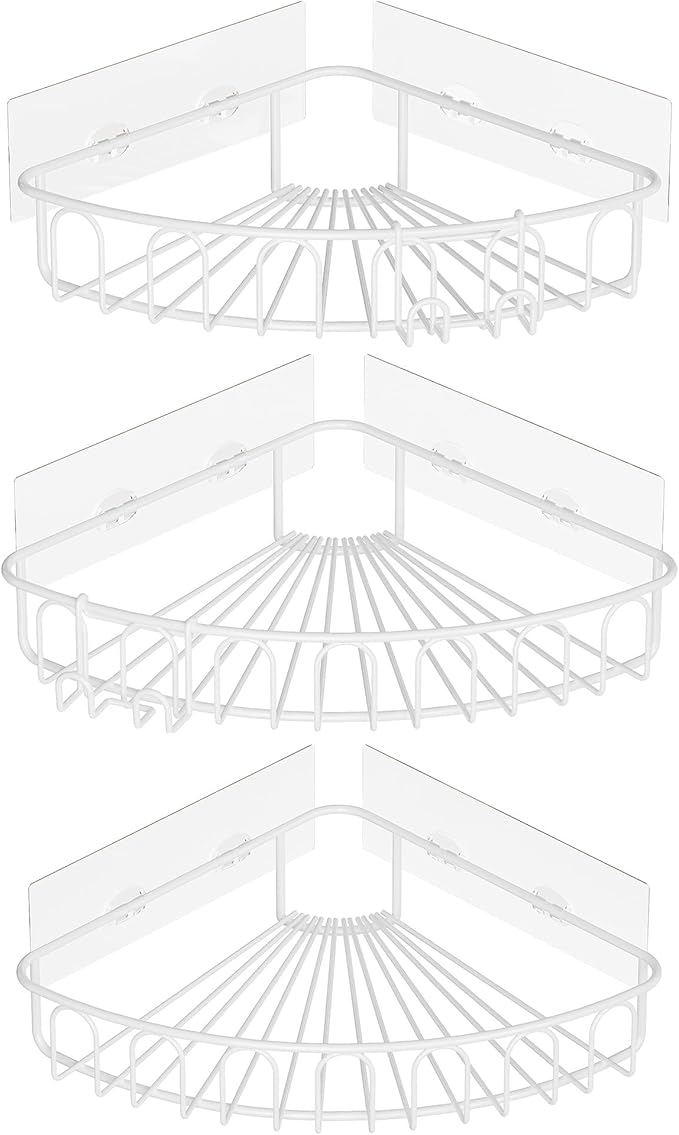 Orimade Corner Shower Caddy Stainless Steel with Hooks Wall Mounted Bathroom Shelf Storage Organizer Adhesive No Drilling 3 Pack, White Only for 90-Degree Corner
