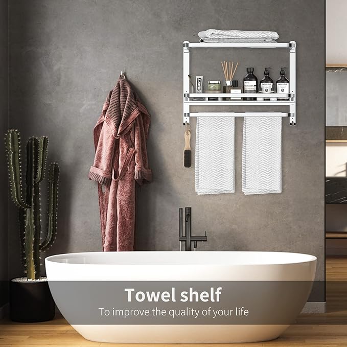 CAXIMSY 22.8Inch Towel Rack for Bathroom and Lavatory Towel Hanger with Wall Mount Towel Bars 304 Stainless Steel No Drill (Collapsible Towel Rack with Bathroom Organize Shower Shelves)