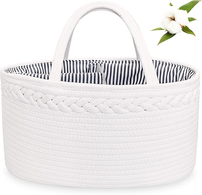 ABenkle Baby Diaper Caddy, Nursery Storage Bin and Car Organizer for Diapers and Baby Wipes, Cotton Rope Diaper Basket Caddy, Changing Table Diaper Storage Caddy