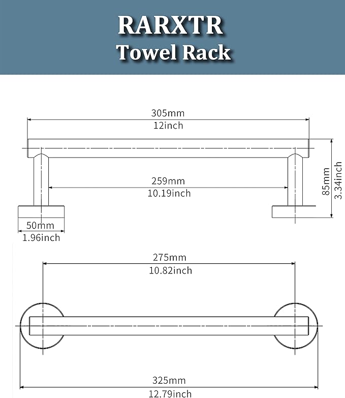 RARXTR 12 Inches Brushed Towel Bar for Bathroom Kitchen Hand Towel Holder Dish Cloths Hanger SUS304 Stainless Steel RUSTPROOF Wall Mount (Brushed Grey 12-inch)