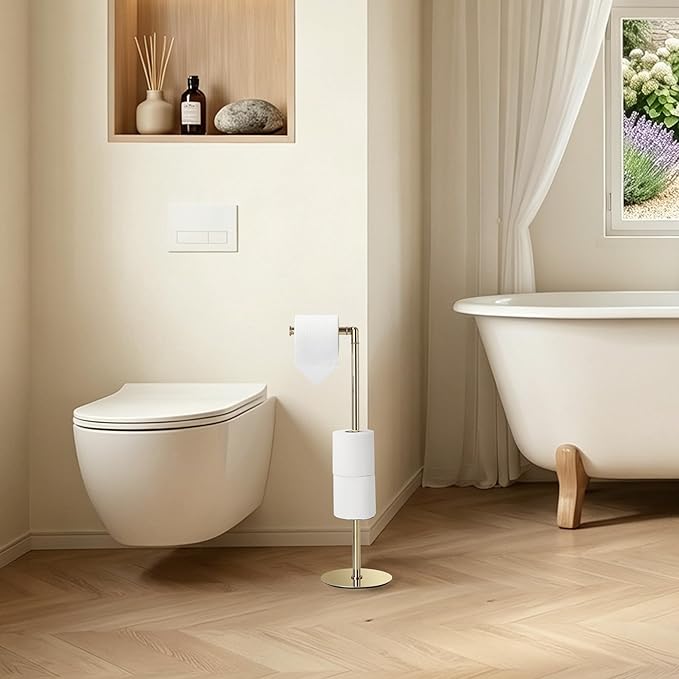 BGL Freestanding Toilet Paper Holder, Tissue Holder On Floor with Reserve Storage Paper Rolls, Roll Paper Holder Standing On Floor (Polished Gold)