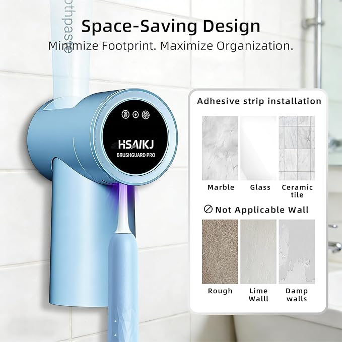 Wall Mounted Toothbrush Holder for Bathroom, Electric Toothbrush Organizer with Smart Lid Sensor, UV Light Care & Heated Air Drying, Magnetic Cup & Toothpaste Storage (Blue)