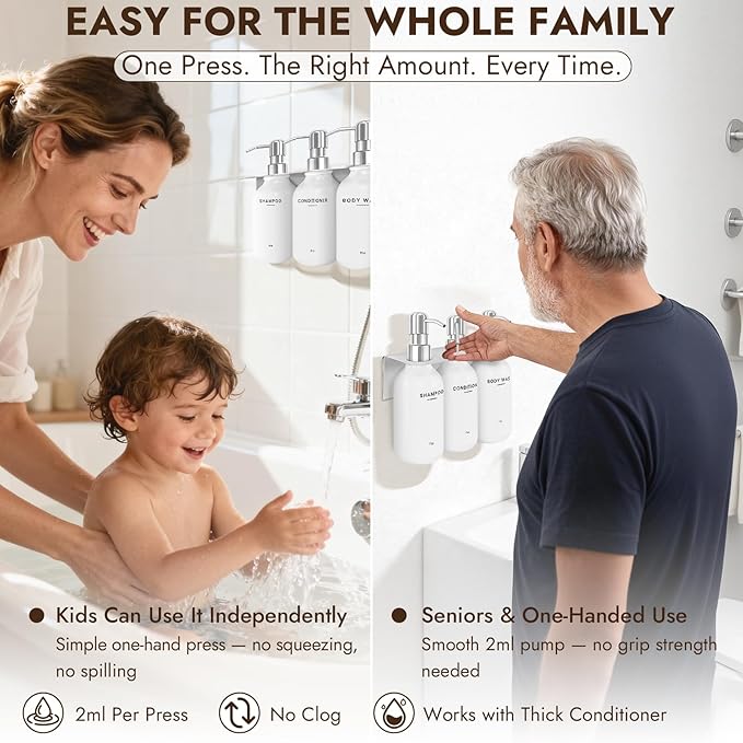 KOUCHU Shampoo and Conditioner Dispenser Set - Wall Mounted Shower Soap Dispenser - 17oz No-Drill Refillable Plastic Pump Bottles for Bathroom Kitchen - Includes Soap Dish and Hook (Silver)