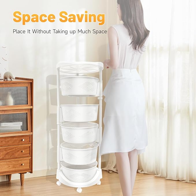 5 Tier Multi-Layer Kitchen Storage Rack, Rotating Storage Shelves Organizer,Floor Standing Storage Rack Basket Shelf Kitchen Storage Cart with Wheels Storage Basket for Living Rooms, Kitchens (White)